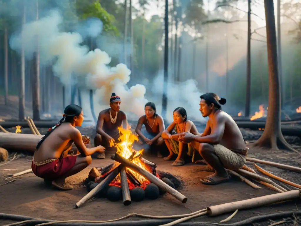 Comunidad indígena cuidando con reverencia un fuego controlado en la selva