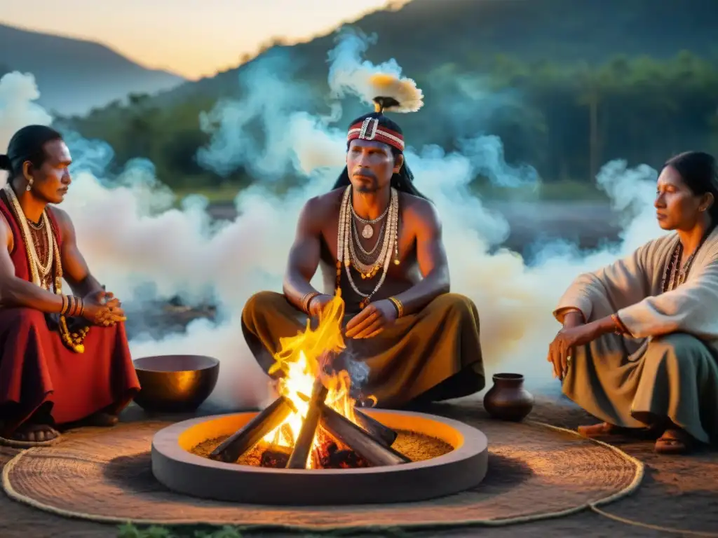 Comunidad indígena en ritual de limpieza al amanecer, con chaman danzando alrededor del fuego sagrado