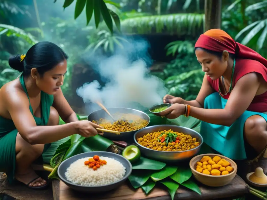 Una comunidad indígena en la selva amazónica preparando ingredientes indígenas para alta cocina, transformando recetas