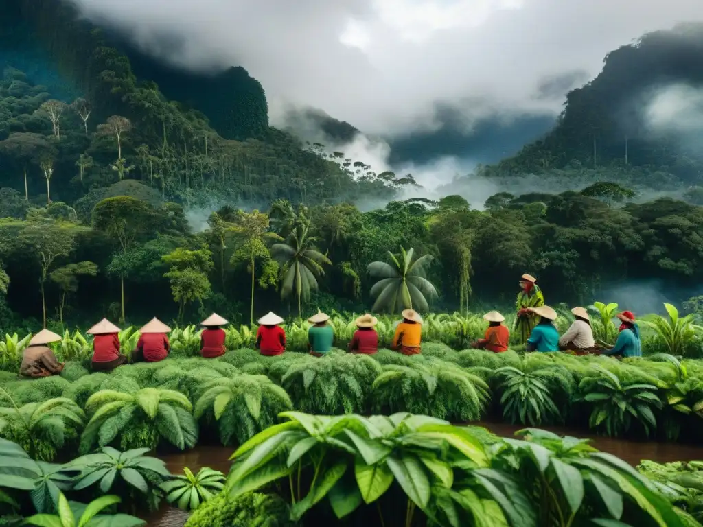 Comunidad indígena en la selva amazónica recolectando hierbas para suplementos naturales indígenas poderosos