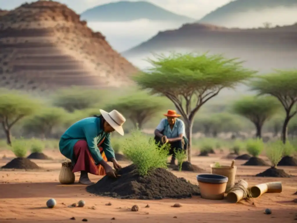 Una comunidad indígena serena planta árboles nativos en un paisaje árido, usando técnicas indígenas contra desertificación