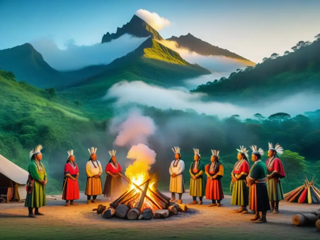 Una comunidad indígena vibrante se reúne alrededor de una fogata bajo un cielo estrellado, preservando sus tradiciones