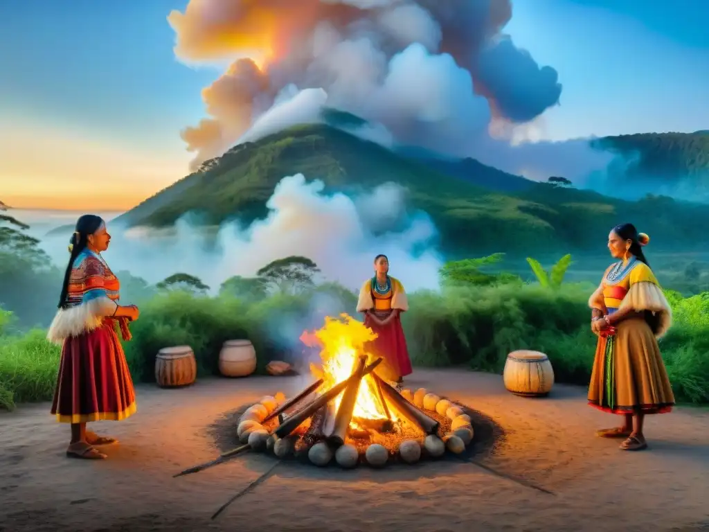 Una comunidad indígena vibrante se reúne alrededor de una fogata, danzando al ritmo de tambores, en armonía con la naturaleza