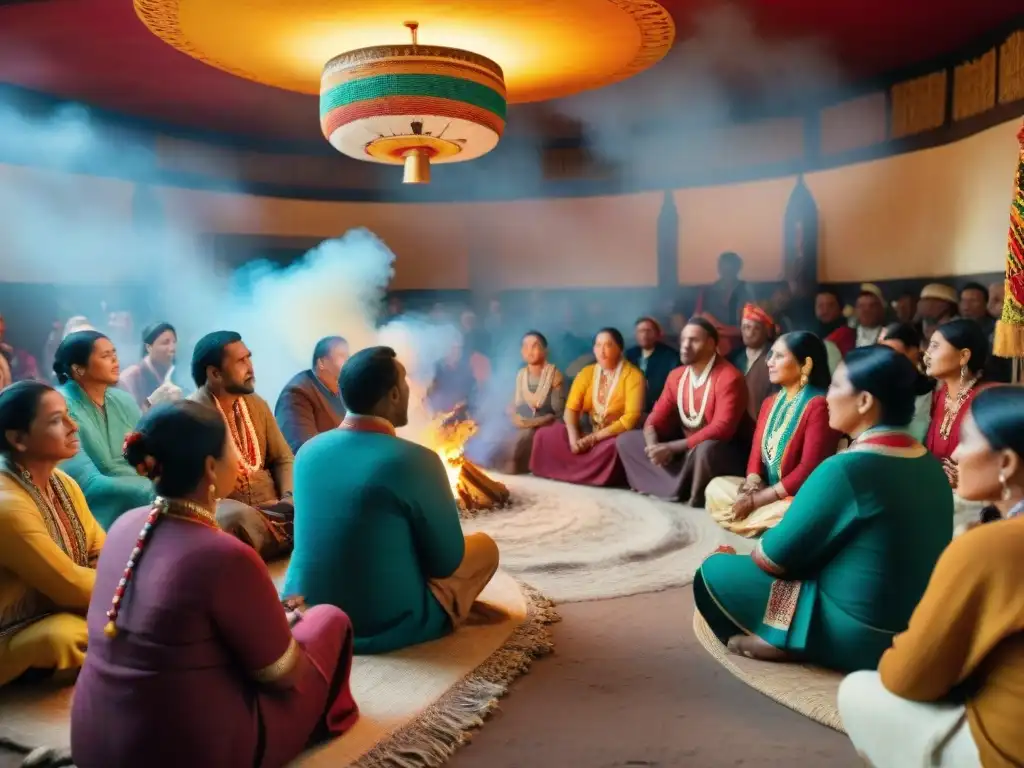 Comunidad indígena vibrante en torno al fuego Una comunidad indígena vibrante se reúne alrededor de un fuego central, compartiendo tradiciones y cultura