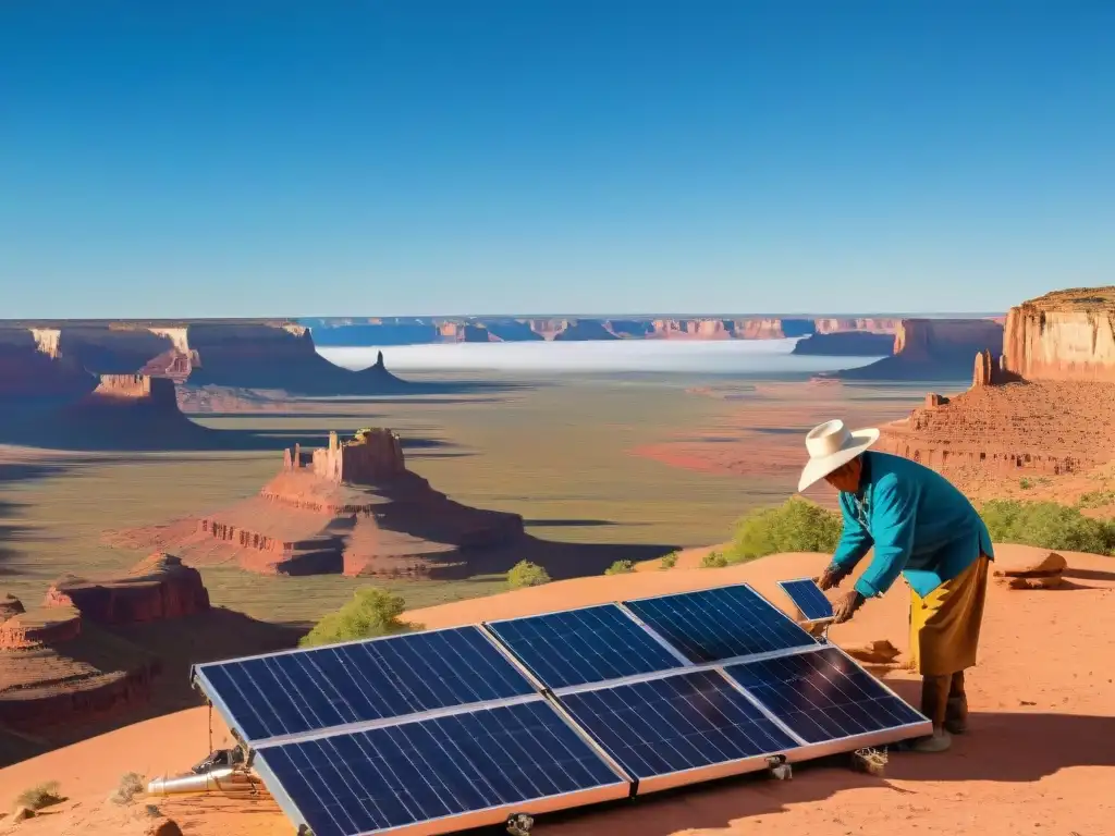 Comunidad Navajo instalando paneles solares en hogares tradicionales, uniendo sabiduría ancestral y tecnología moderna por sostenibilidad