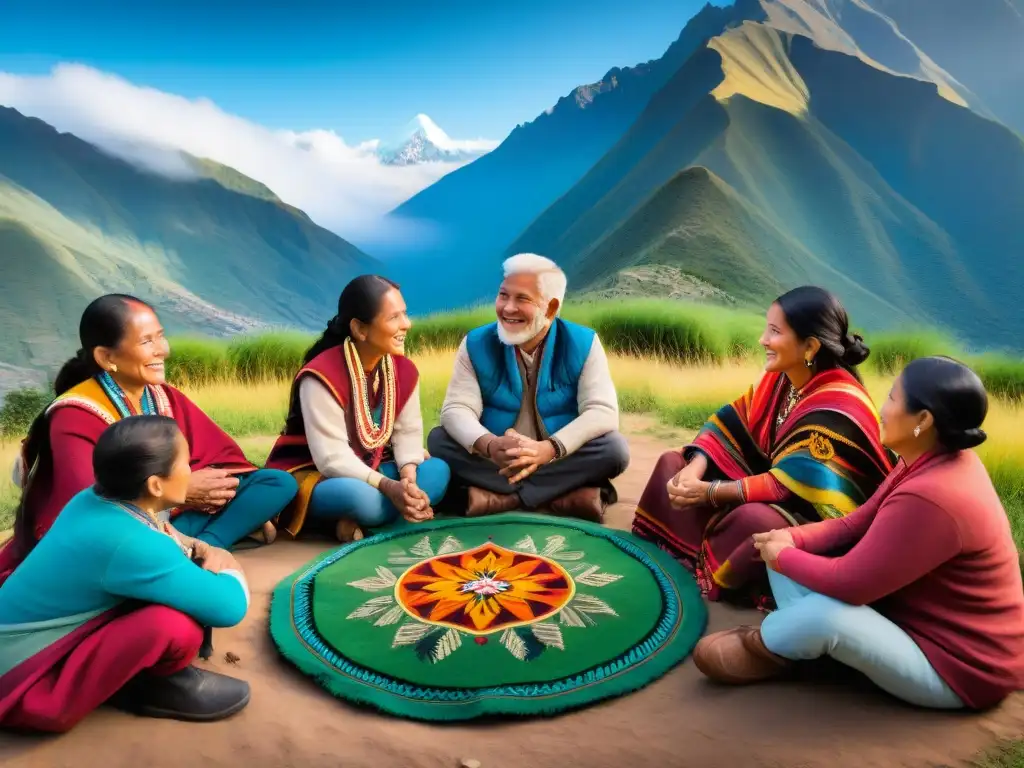 Comunidad aprendiendo quechua rodeada de naturaleza andina, en clase al aire libre