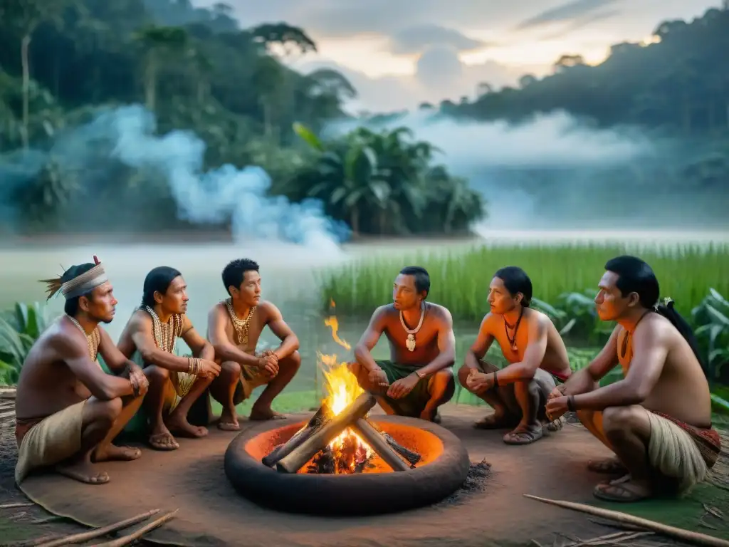 Comunidad Sapara reunida alrededor del fuego sagrado en la selva amazónica, con estrategias de defensa territorial