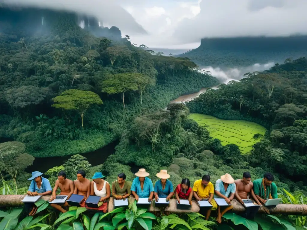 Comunidad Wauja en la selva amazónica liderando proyectos tecnológicos con laptops, GPS y mapas tradicionales