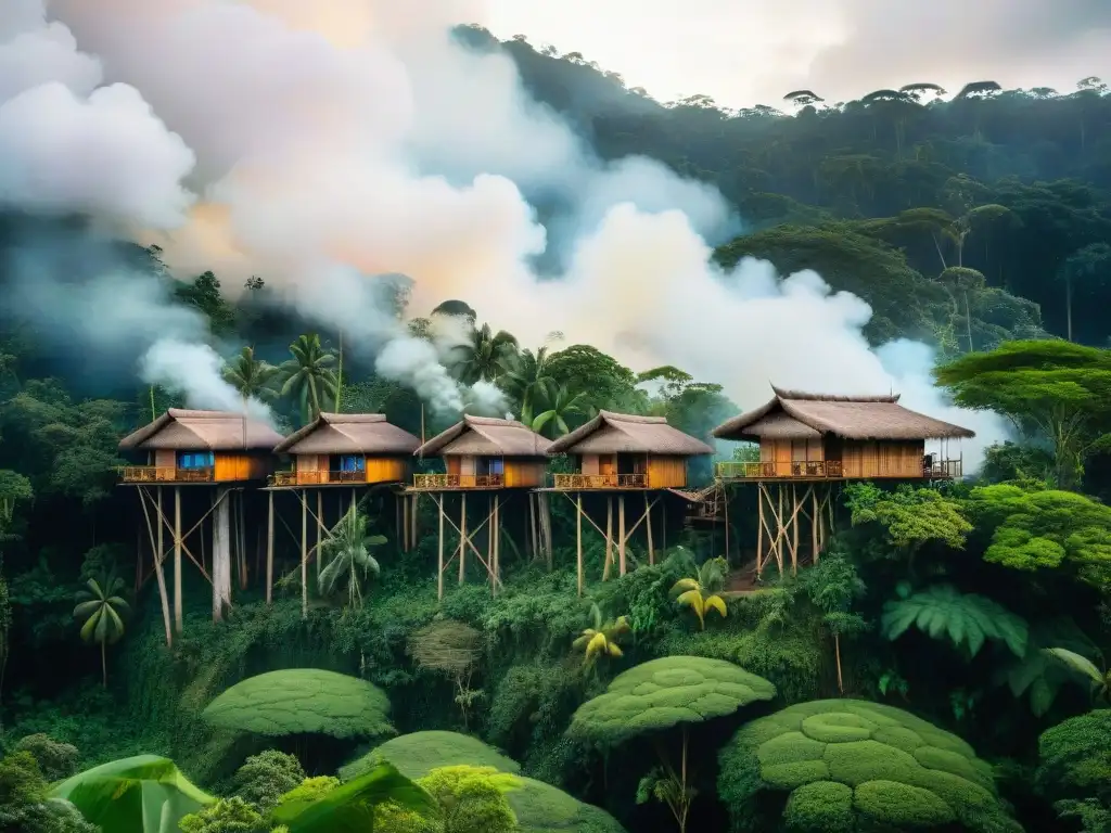 Una comunidad amazónica tradicional en armonía con la exuberante selva, mostrando arquitectura y vida local vibrante