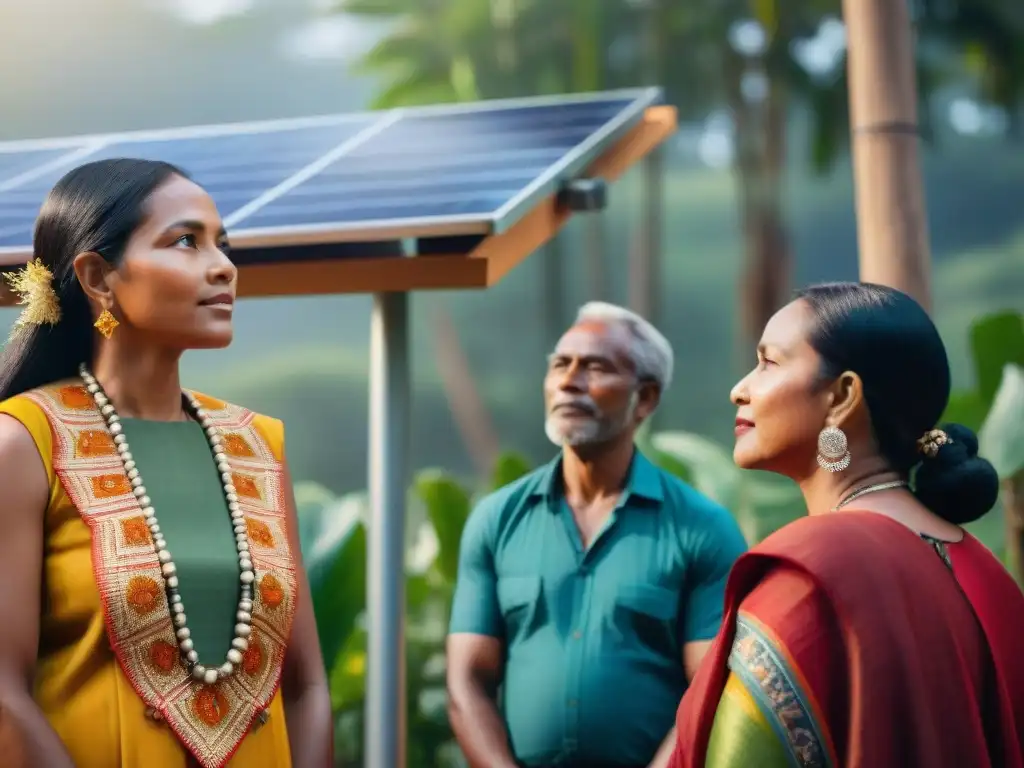 Comunidad indígena unida en torno a instalación solar, reflejando empoderamiento y unidad