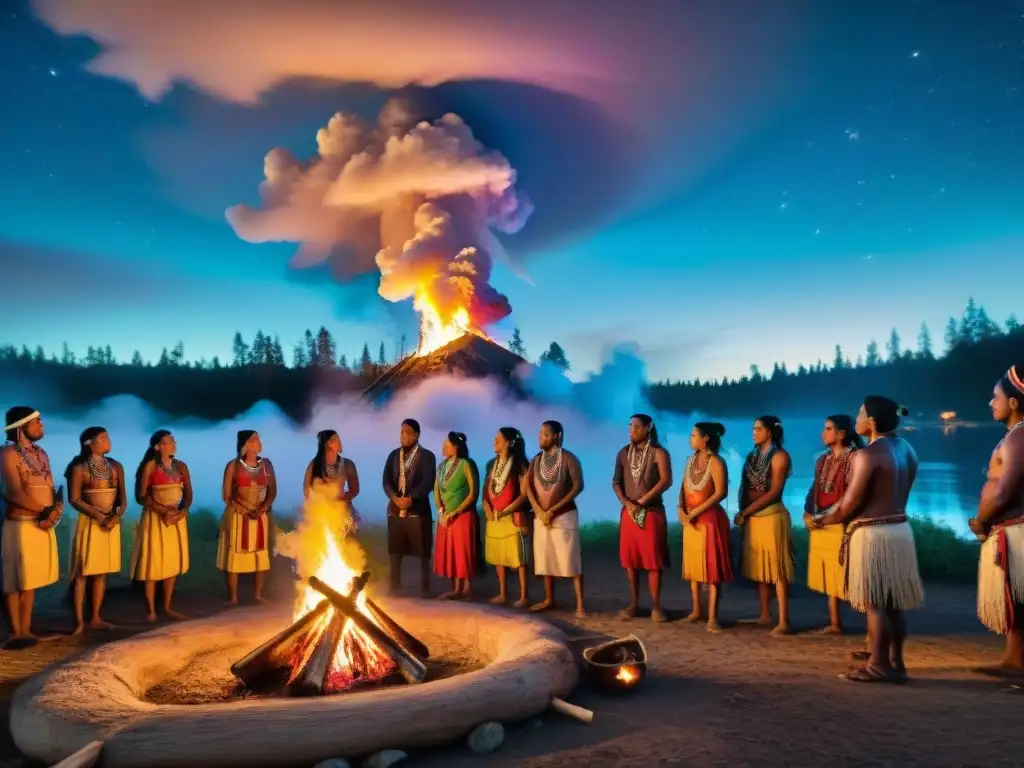 Comunidad indígena vibrante alrededor de fogata en bosque estrellado, celebrando tradiciones