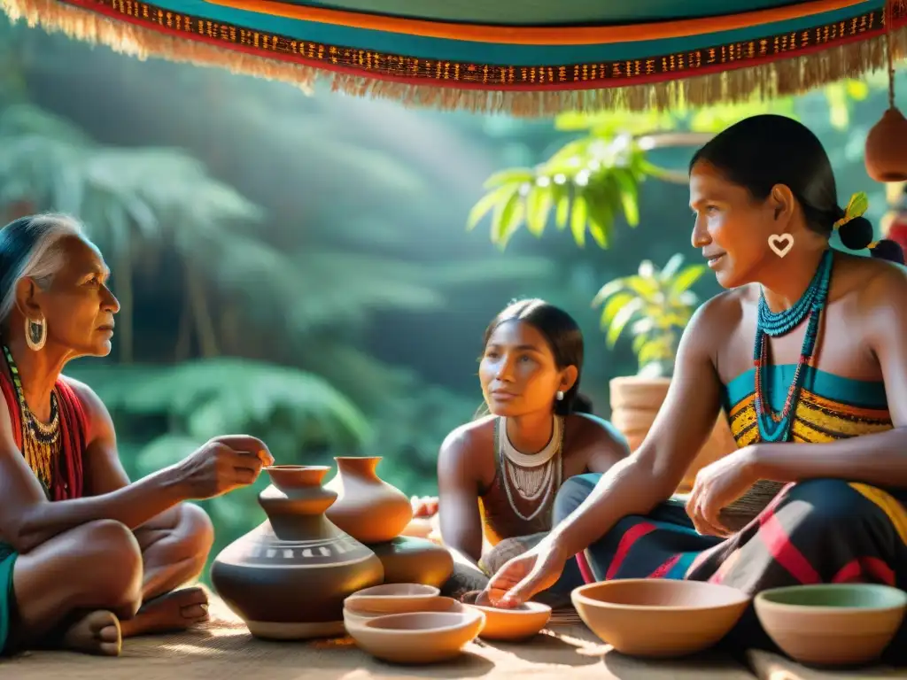 Una comunidad indígena vibrante en un mercado justo, rodeada de textiles coloridos y cerámica intrincada, bajo un bosque exuberante