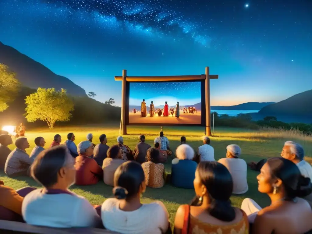 Una comunidad indígena vibrante reunida alrededor de una pantalla de cine al aire libre, inmersa en una película que celebra su idioma y cultura