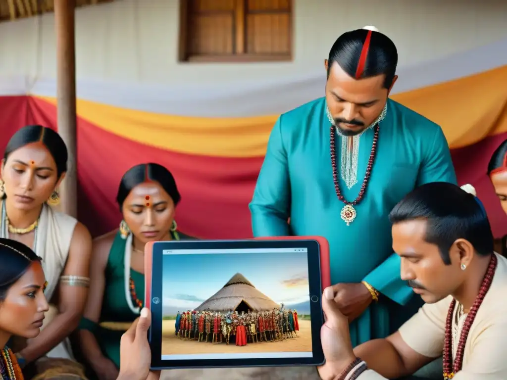 Comunidad indígena descubre sabiduría ancestral en revista digital Una comunidad indígena vibrante disfruta de una revista digital sobre conocimiento tradicional en una tableta