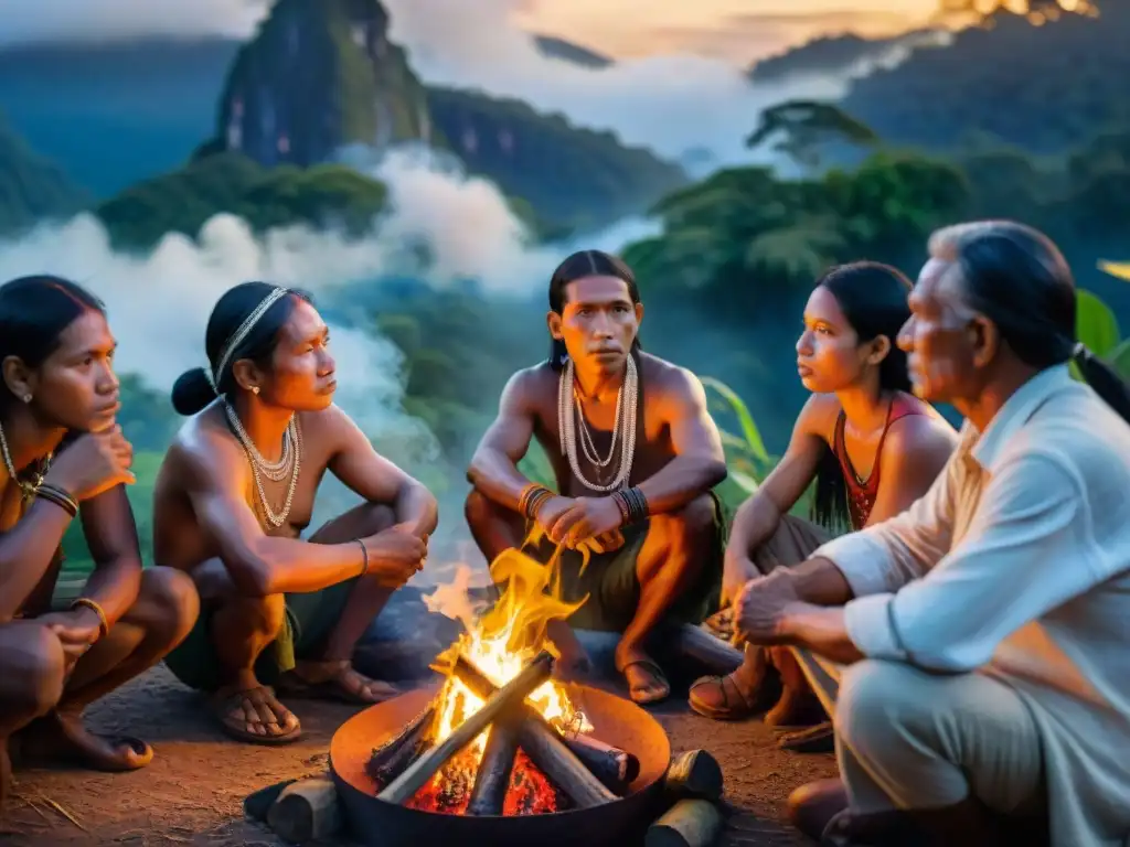 Comunidades amazónicas enfrentan cambio cultural: Ancianos cuentan historias junto al fuego al atardecer en la selva