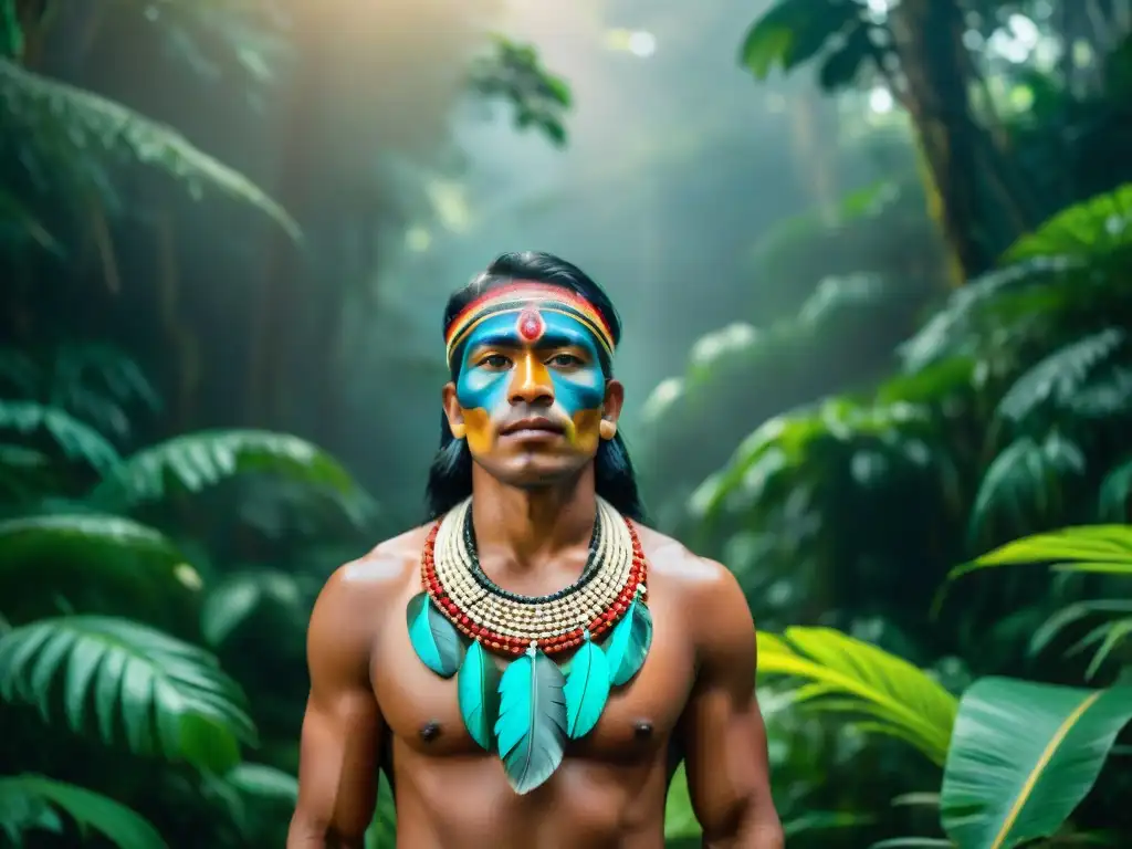 Comunidades amazónicas protectores selva ancestral: Indígenas orgullosos con atuendos tradicionales y rostros pintados en la exuberante selva