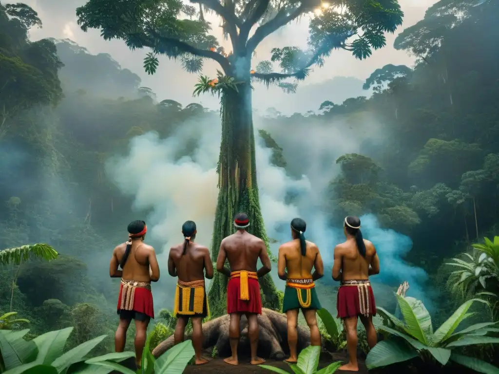 Comunidades amazónicas protectores selva ancestral: Sabiduría y armonía en ritual con árbol centenario en la selva