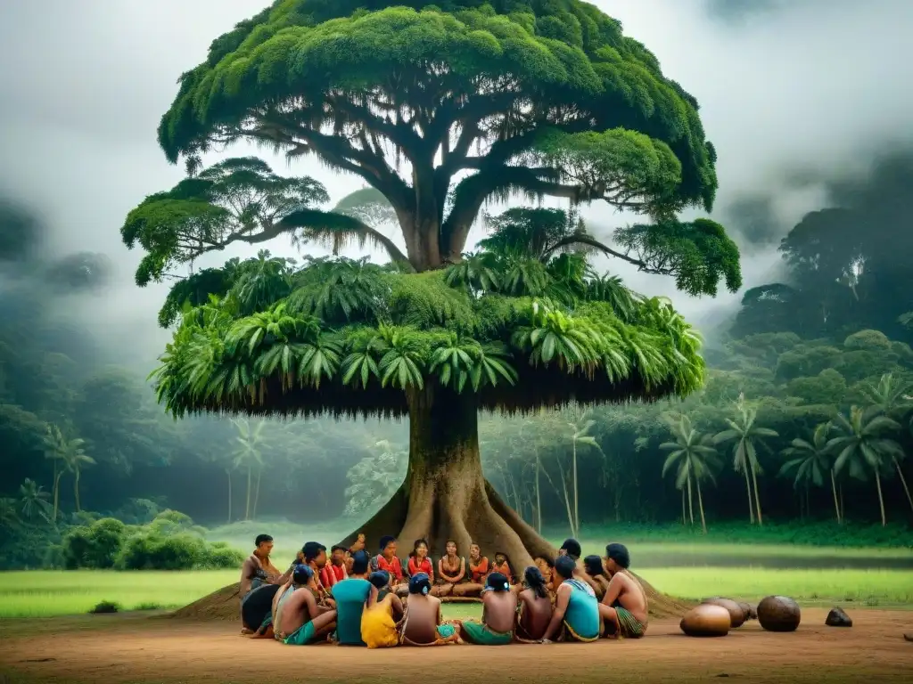 Comunidades amazónicas preservando sabiduría ancestral bajo un árbol frondoso