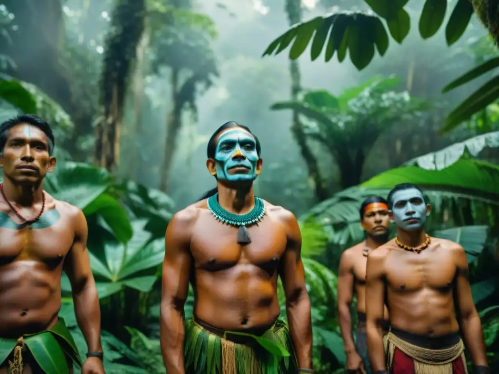 Comunidades amazónicas protegiendo su selva ancestral en ceremonia bajo la luz filtrada del dosel