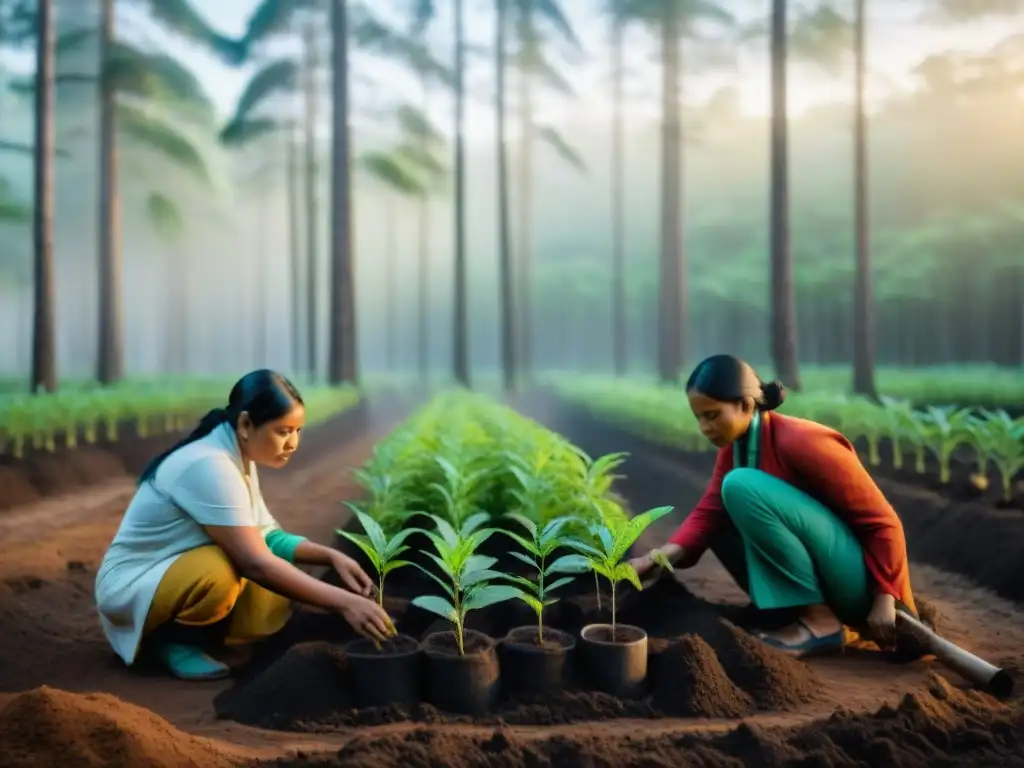 Comunidades indígenas plantan árboles al amanecer en un bosque sereno