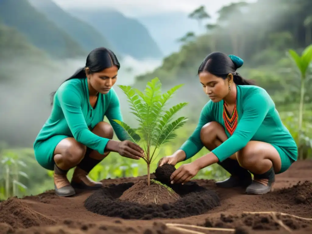 Comunidades indígenas plantando árboles en un bosque exuberante