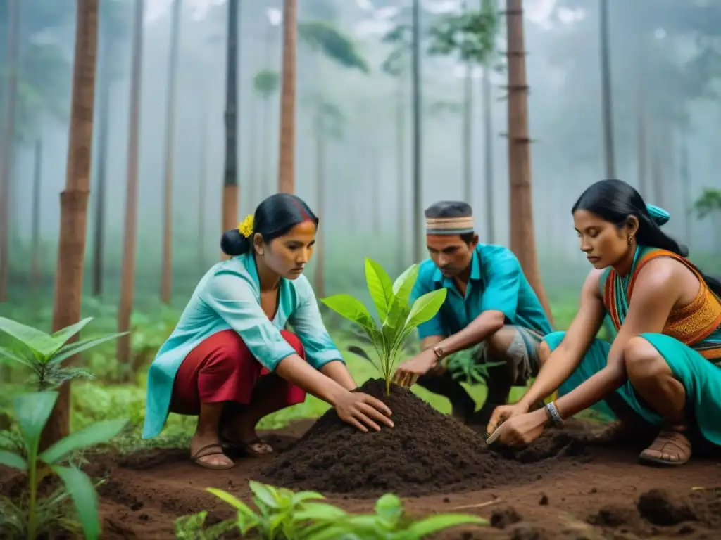 Comunidades indígenas reforestando en armonía con la naturaleza en un bosque exuberante