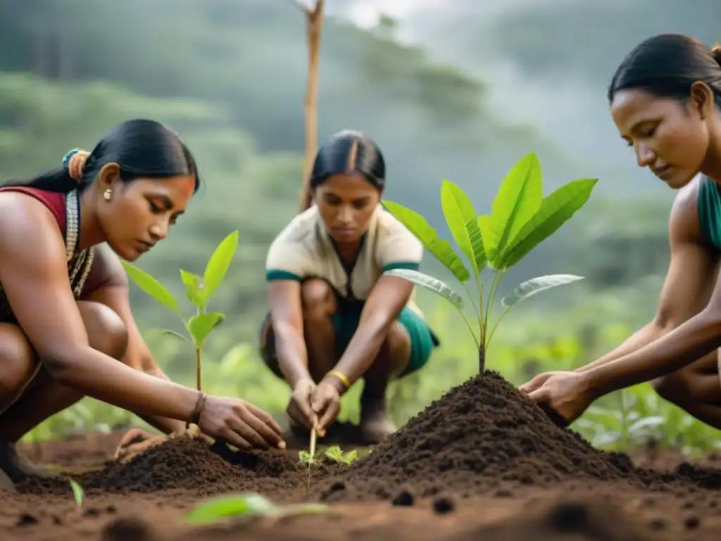 Comunidades indígenas reforestando con cuidado en el bosque, resaltando su compromiso con la reforestación global