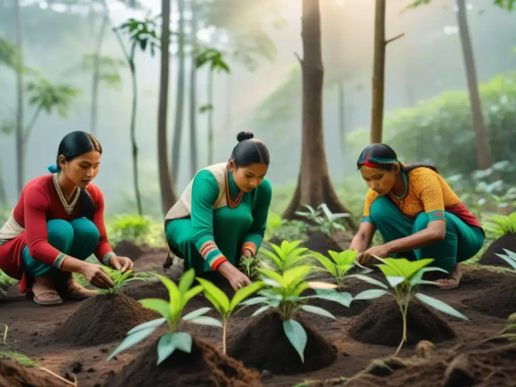 Comunidades indígenas reforestando con cuidado en exuberante bosque, protegiendo la biodiversidad y su entorno natural