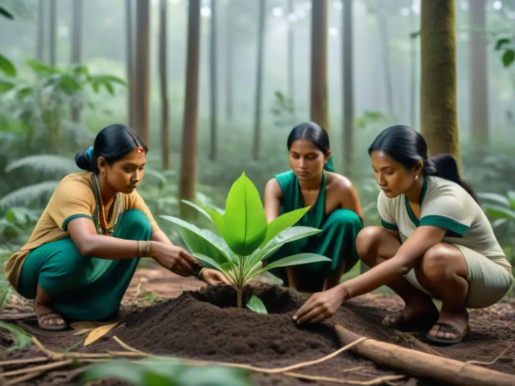 Comunidades indígenas reforestando con determinación en bosque exuberante