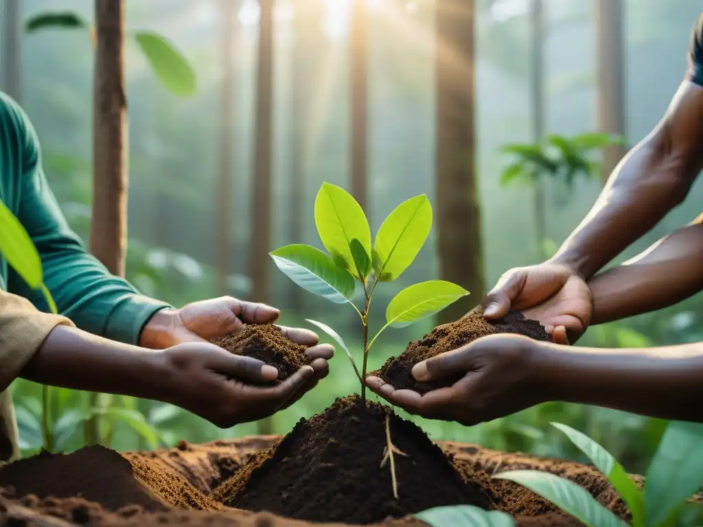 Comunidades indígenas reforestación global: Un grupo en la selva planta árboles con cuidado, uniéndose a la tierra en luz dorada