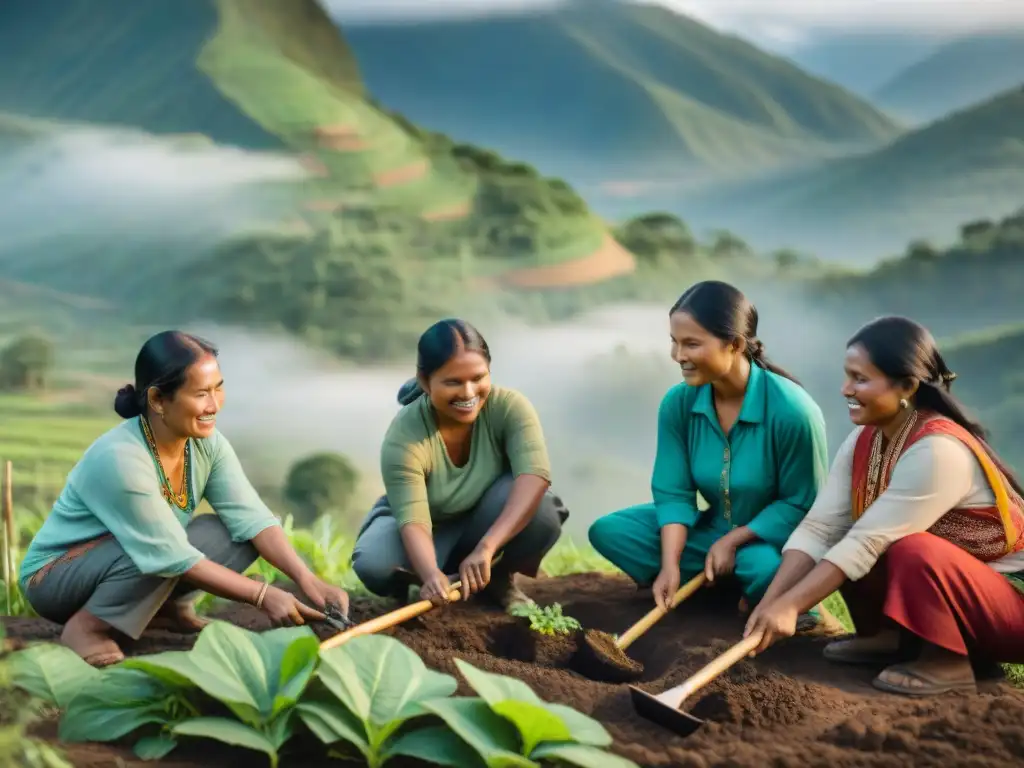 Comunidades indígenas trabajando juntas en la conservación de suelos, conectadas con la naturaleza