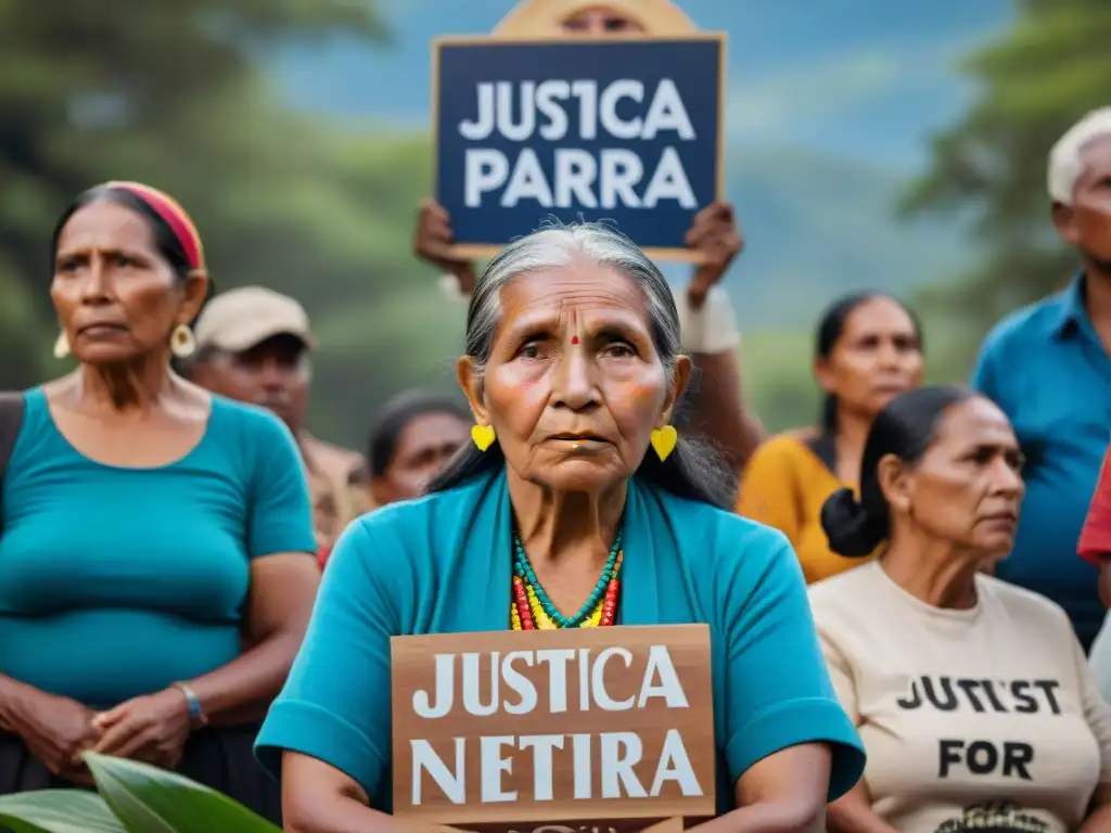 Comunidades indígenas unidas luchando por justicia ambiental frente a un juzgado, expresando determinación y unidad