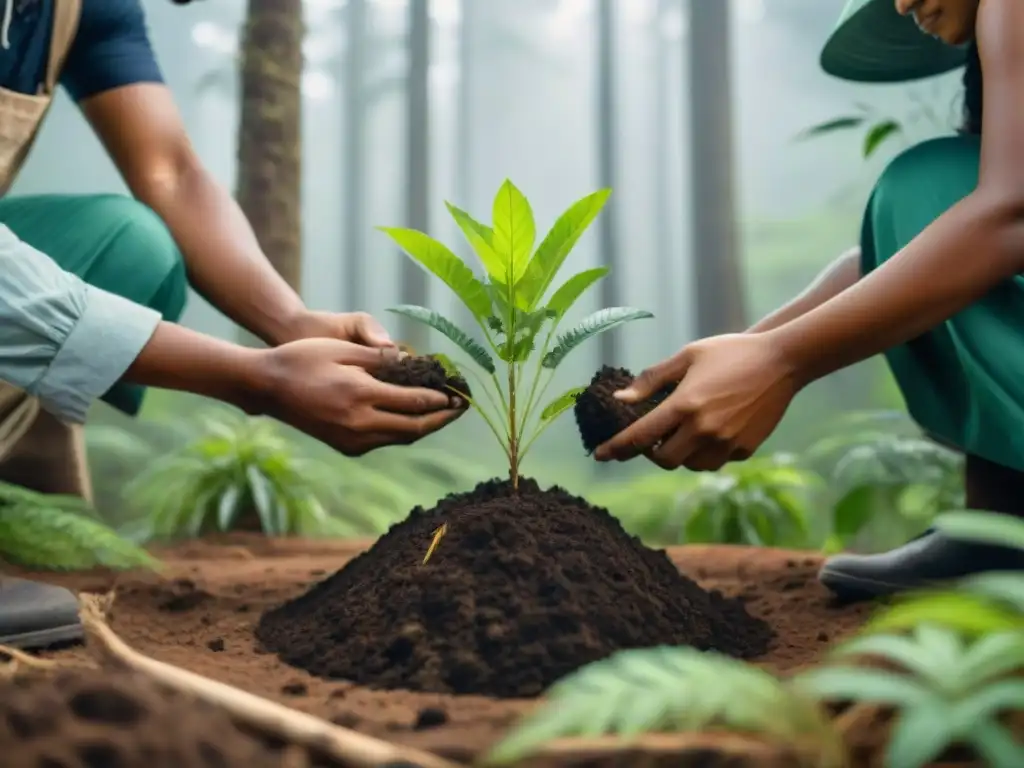 Comunidades indígenas reforestando la Tierra, plantando árboles en un bosque exuberante bajo el cálido resplandor del sol