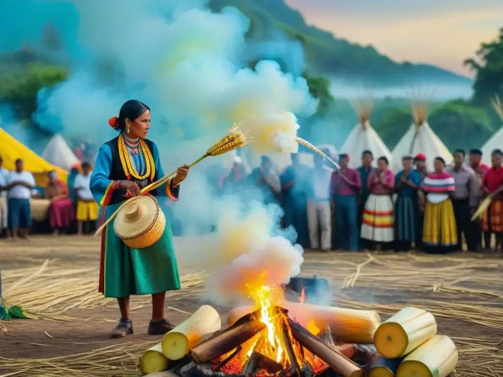 Celebración comunitaria en festival gastronómico indígena de las Américas, con maíz, bailes y música bajo cielo azul