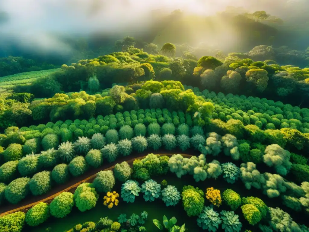 Un jardín comunitario indígena en la selva tropical, con agricultores intercambiando saberes