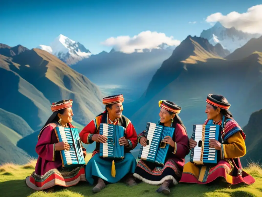 Concierto de músicos andinos tocando la zampoña frente a los majestuosos Andes