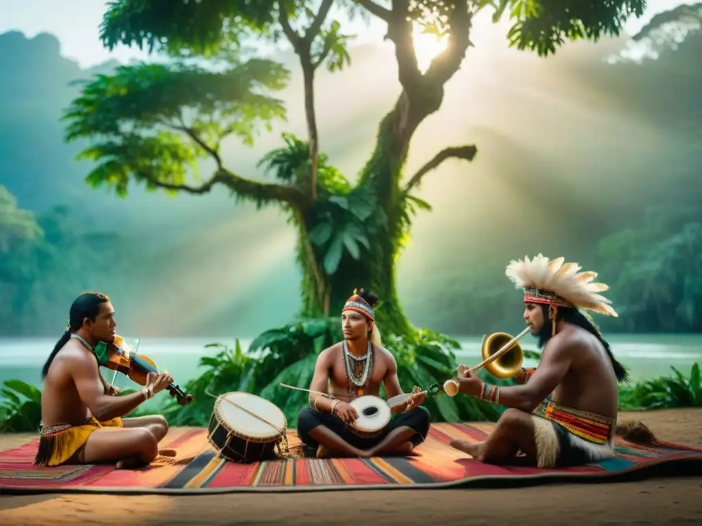 Concierto de músicos indígenas bajo ceiba en la selva amazónica, preservación de música indígena ancestral