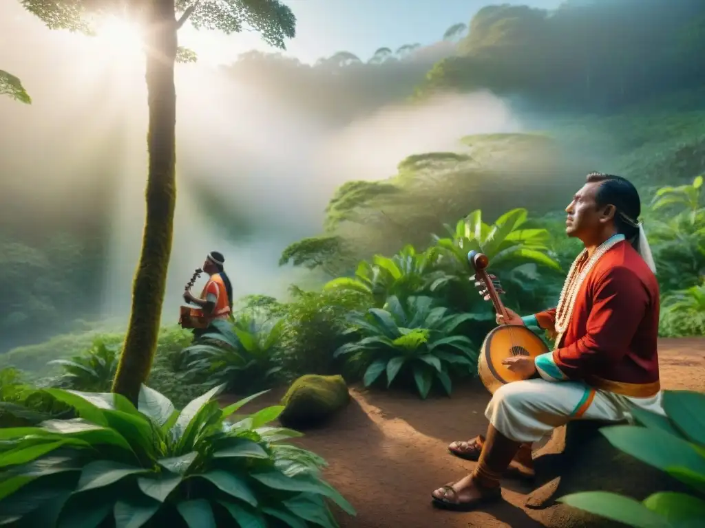 Conmovedora escena de músicos indígenas en la selva, fusionando música ancestral con la naturaleza