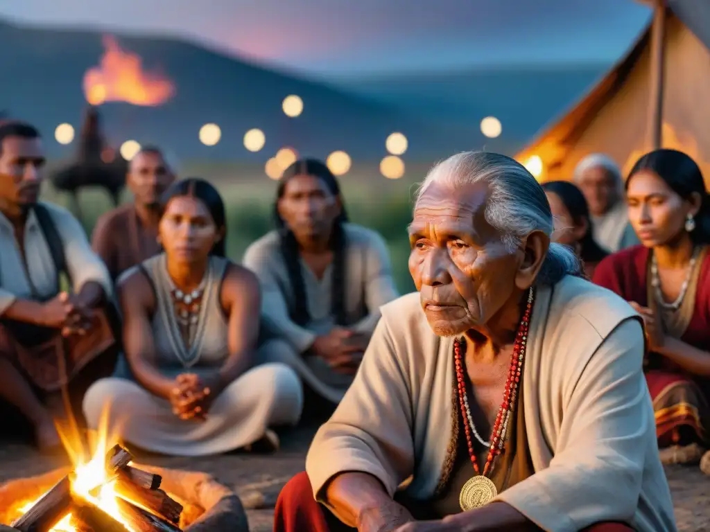 Conmovedora escena de la Memorización en la Oralidad Indígena: anciano relata cuentos junto a jóvenes junto a la hoguera bajo un cielo estrellado