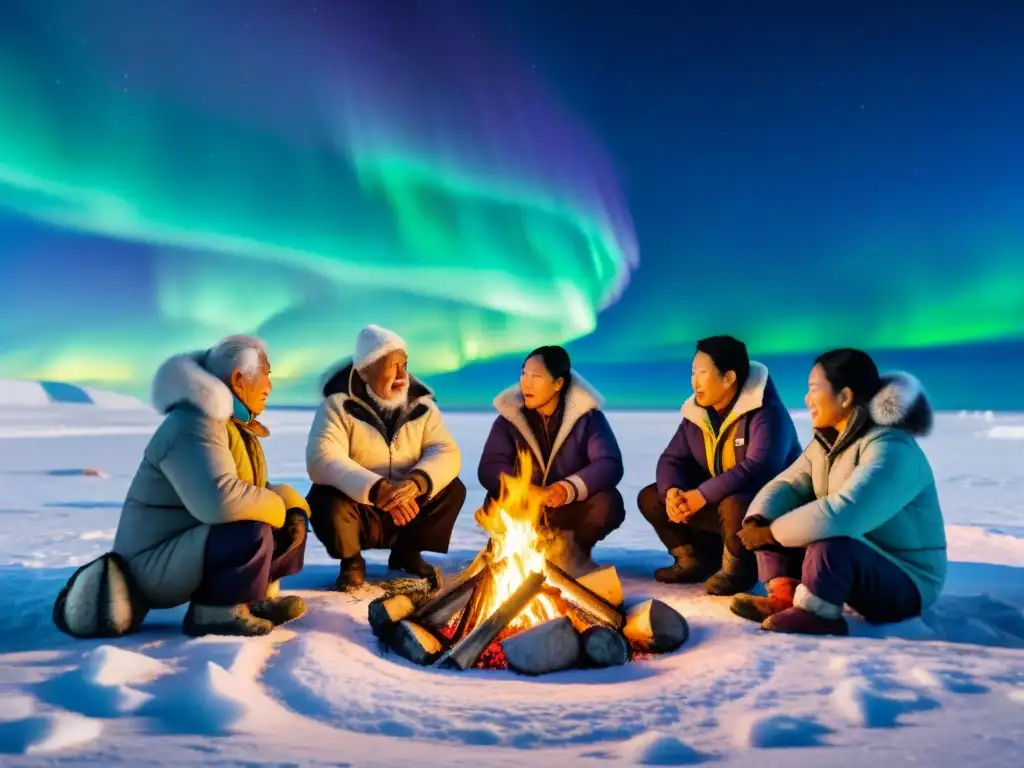 Conmovedora escena de sabiduría compartida entre ancianos y niños Inuit, iluminados por el fuego bajo las luces del norte