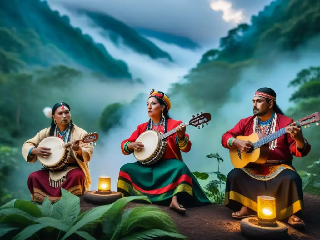 Conmovedora imagen de músicos indígenas tocando instrumentos tradicionales bajo un cielo estrellado en un bosque exuberante