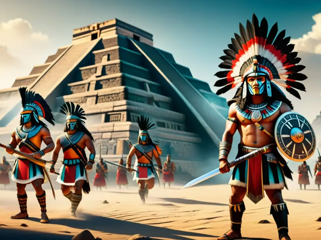 Consejo táctico de guerreros aztecas en templo piramidal: tácticas guerreras antiguas Aztecas