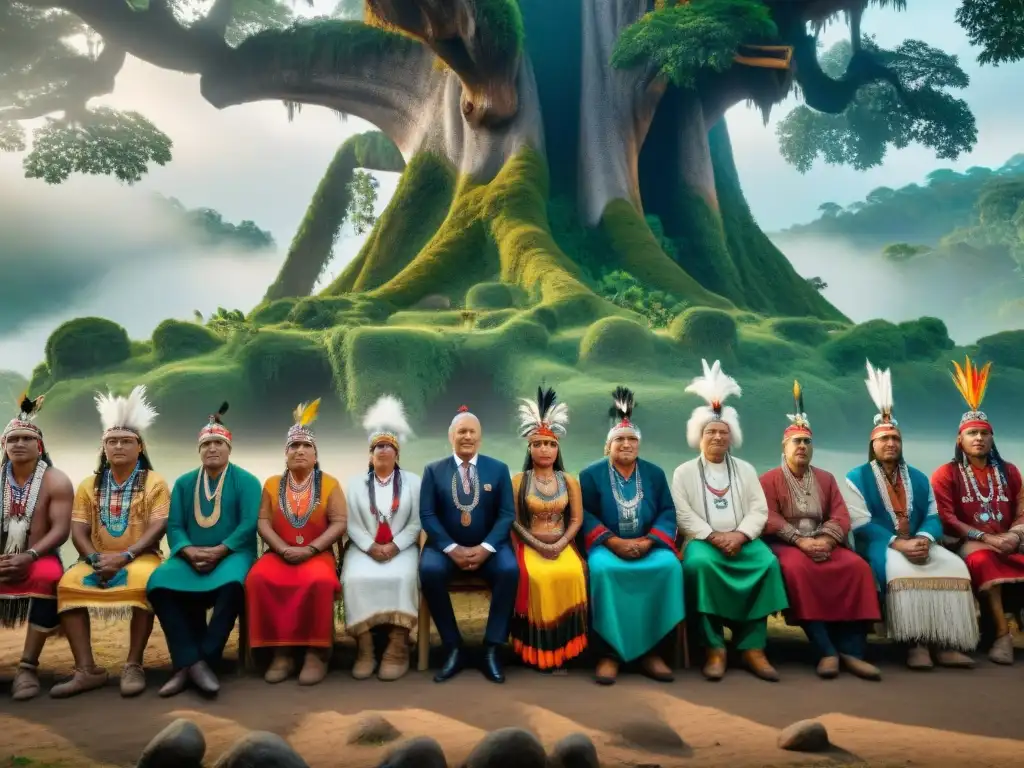 Consejo tradicional de líderes indígenas de América bajo un árbol sagrado, discutiendo estrategias para los derechos territoriales indígenas América