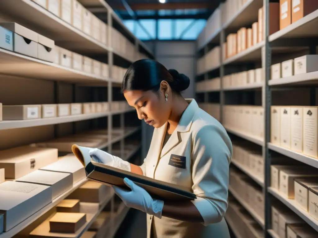 Conservación documentos históricos indígenas en una sala de almacenamiento climatizado, con manuscritos antiguos y meticulosa organización