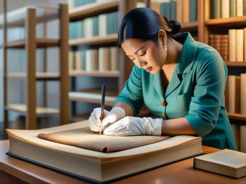 Conservador restaurando documento indígena antiguo, resaltando la delicadeza en la conservación documentos históricos indígenas