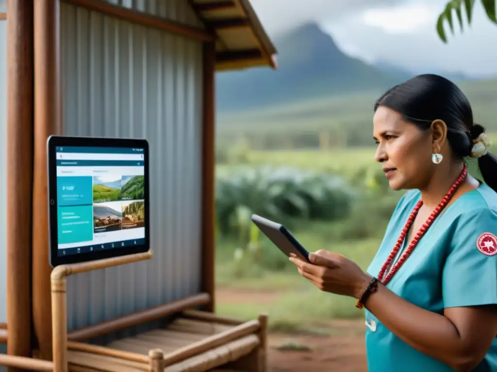 Una consulta de telemedicina en una comunidad indígena remota, fusionando la salud moderna con la tradición