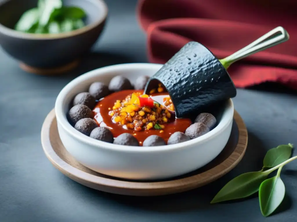 Contraste entre sabores indígenas en recetas modernas: salsa roja en molcajete junto a postre gourmet de chocolate