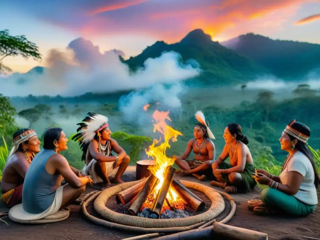 Conversación animada alrededor de fogata en la selva, vistiendo atuendos tradicionales