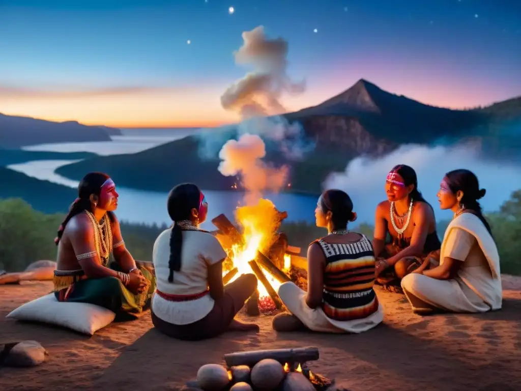 Conversación nocturna alrededor del fuego entre indígenas, resaltando diversidad cultural y tradiciones