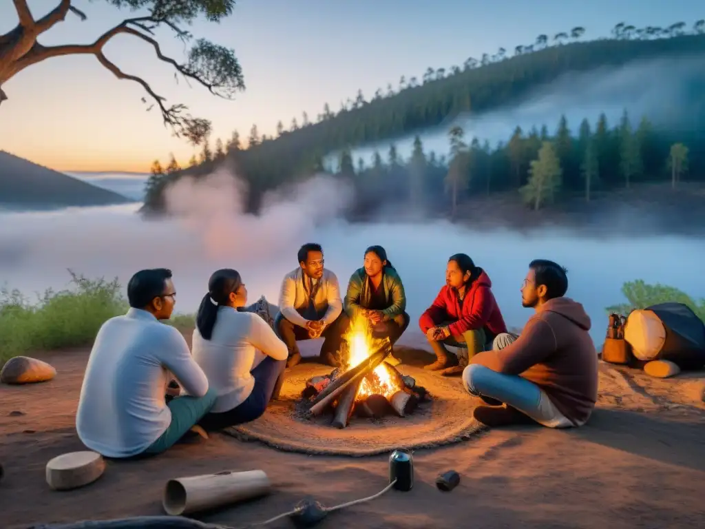 Corresponsales indígenas en periodismo reunidos alrededor de fogata en el bosque al anochecer, iluminados por la luz cálida del fuego